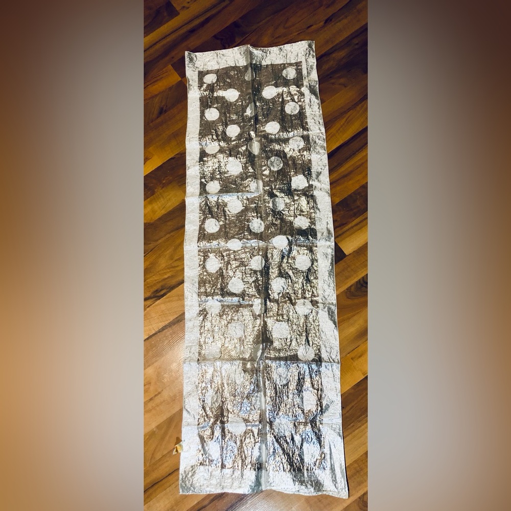 Nasharr Freres polka dot metallic silver and white scarf~